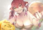  1girl bangs bare_shoulders blurry blurry_foreground bowl breasts chopsticks cleavage collarbone commentary food foreshortening from_below hair_between_eyes hair_ribbon heterochromia holding hololive houshou_marine large_breasts long_hair looking_at_viewer mouth_hold red_eyes red_hair red_ribbon ribbon rice rice_bowl solo steam strap_gap strap_slip twintails upper_body virtual_youtuber wankosukii yellow_eyes 