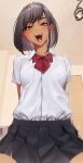  1girl :d absurdres black_hair blush breasts dark-skinned_female dark_skin highres implied_sex looking_at_viewer medium_hair orange_eyes original pleated_skirt rakuga_kiya school_uniform skirt smile solo teeth tongue 