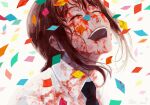  1girl blood blood_on_clothes blood_on_face chainsaw_man closed_eyes collared_shirt commentary confetti dress_shirt grin highres ht_no9 looking_up mitaka_asa necktie open_mouth shirt sidelocks smile solo upper_body white_background white_shirt 