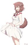  14_(vision5032) 1girl :d animal_ears bangs bare_arms blush bone_hair_ornament braid breasts brown_hair buttons closed_eyes cowboy_shot dog_ears dog_girl dog_tail dress extra_ears from_side hair_between_eyes hair_ornament hair_tie highres hololive inugami_korone long_hair medium_breasts simple_background skirt_hold sleeveless sleeveless_dress smile solo standing tail twin_braids virtual_youtuber white_background white_dress wristband 