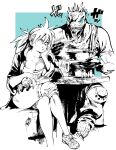  1boy 1girl 1other ahn_dongshik animal animal_head blue_background blue_cross blue_eyes breasts bug caiman_(dorohedoro) calves chest_harness chinese_clothes chopsticks cleavage closed_eyes closed_mouth clothed_animal cockroach creature crossed_legs demon_tail dorohedoro dumpling eating elbow_on_table eye_tattoo facial_mark fingernails food glass_mug gloves greyscale_with_colored_background hand_on_own_chin harness holding holding_chopsticks holding_plate jacket jiaozi kikurage_(dorohedoro) knee_pads large_breasts light_smile lips lizard lizardman long_hair looking_at_another mask nikaidou_(dorohedoro) nike_(company) no_socks open_clothes open_jacket open_mouth pants partially_colored patch pepper_shaker plate ponytail reptile_boy restaurant salt_shaker sharp_teeth simple_background sitting sleeping sleeves_past_elbows smile socks sound_effects spiked_hair spikes spot_color sweat table tail tank_top teeth thick_thighs thighs two-tone_background veins veiny_arms white_background 
