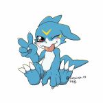  9999_td anthro bandai_namco blep blue_body blush claws digimon digimon_(species) gesture male one_eye_closed red_eyes scalie simple_background sitting solo tongue tongue_out v_sign veemon white_background wink 
