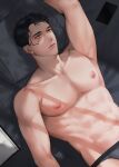  1boy abs absurdres bara bed black_hair black_male_underwear briefs closed_mouth facial_mark highres large_pectorals lying male_focus male_underwear muscular muscular_male navel nipples on_back on_bed original pectorals phone pillow red_eyes saen short_hair solo underwear 