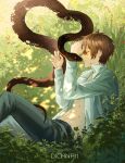  1boy animal animalization bite_mark brown_hair bruise closed_eyes dichnhi1 eiden_(nu_carnival) english_commentary highres injury lying male_focus nu_carnival on_side open_clothes open_shirt outdoors shirt short_hair sleeping snake solo white_shirt yakumo_(nu_carnival) 