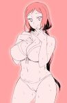  1girl breasts cameltoe cleavage closed_mouth greyscale gundam gundam_build_fighters iori_rinko large_breasts long_hair looking_at_viewer mature_female monochrome navel ponytail shoumaru_(gadget_box) simple_background smile solo swimsuit wet 