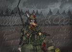 anthro assault_rifle barbed_wire blood bodily_fluids canid canine clothing detailed_background gun gunshot_wound hat headgear headwear hi_res male mammal military outside raining ranged_weapon ricthecusco rifle solo weapon