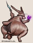  absurd_res anthro arthropod back_muscles backsack balls bent_arm bent_legs bent_over big_balls big_butt big_penis bottom_heavy bottomwear brown_body butt butt_focus butterfly caveman cellulite clothing crouching curious curvaceous curvy_figure dominant dominant_anthro dominant_male duo feet fluffy_ears fur genitals glowing hi_res holding_object holding_weapon huge_butt humanoid hunched_over insect ko_mu_(torartlol) lagomorph lepidopteran leporid loincloth long_ears looking_at_another love_handles male mammal melee_weapon nails orange_eyes overweight overweight_male penis polearm presenting presenting_hindquarters primitive rabbit rear_view saggy_balls scut_tail short_tail simple_background slightly_chubby solo spear squatting_position tan_body tan_fur thick_tail thick_thighs tiptoes torartlol voluptuous weapon wide_hips 