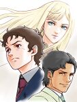  1girl 2boys absurdres aobito_sukoyaka_bystander black_hair blonde_hair blue_eyes brown_eyes commentary_request dark_skin earrings formal_clothes gigi_andalusia gundam gundam_hathaway&#039;s_flash hathaway_noa highres jewelry kenneth_sleg long_hair looking_at_viewer multiple_boys necktie serious signature smirk worried yellow_eyes 