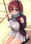  1girl aqua_eyes blush braid bralines breasts brown_hair bursting_breasts closed_mouth commentary_request emma_verde freckles hair_ornament heart heart-shaped_pupils highres jacket large_breasts long_sleeves looking_at_viewer love_live! love_live!_nijigasaki_high_school_idol_club outdoors pisagi pleated_skirt purple_jacket scarf shirt sidelocks sitting skirt smile solo swinging symbol-shaped_pupils thighs twin_braids white_shirt white_skirt 