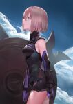  1girl arm_guards armor armored_dress bangs bare_shoulders black_leotard blazpu blue_sky breastplate breasts dress elbow_gloves fate/grand_order fate_(series) gloves hair_over_one_eye highleg highleg_leotard highres large_breasts leotard light_purple_hair mash_kyrielight purple_eyes purple_gloves shield short_dress short_hair sky thigh_strap thighhighs thighs 