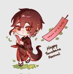 1boy brown_hair chibi dichnhi1 english_commentary english_text grey_background highres japanese_clothes kemonomimi_mode kimono male_focus nu_carnival orange_eyes red_kimono short_hair simple_background smile snake_boy snake_print snake_tail solo tail tanabata yakumo_(nu_carnival) 
