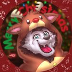 1:1 absurd_res anthro canid canine canis christmas christmas_clothing christmas_decorations christmas_lights christmas_ornament christmas_tree clothing deer fangs happy hi_res holidays kigurumi male mammal naoto new_world_deer onesie plant reindeer solo teeth tree wolf