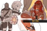  ... 2girls armor blue_eyes blush breasts closed_mouth dark-skinned_female dark_skin dark_souls_(series) dark_souls_i english_text full_armor gundam gundam_suisei_no_majo helmet highres large_breasts long_hair milfcookiesimp miorine_rembran multiple_girls red_hair short_hair speech_bubble spoken_ellipsis suletta_mercury sword weapon white_hair yuri 