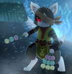  anthro capcom clothed clothing dango_(food) dark_body dark_fur domestic_cat felid feline felis felyne fire fur lynian male mammal melynx monster_hunter palico parody red_eyes solo standing_here_meme vavacung video_games 