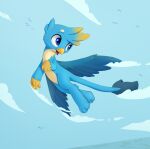  2018 absurd_res avian beak blue_body blue_eyes blue_feathers chest_tuft cloud digital_media_(artwork) feathered_wings feathers flying friendship_is_magic gallus_(mlp) gryphon hasbro hi_res male my_little_pony mythological_avian mythology paws sky solo swerve-art tail_tuft tan_body tuft wings yellow_beak 