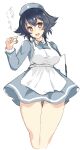  1girl abenattou alternate_costume apron black_hair blue_dress breasts brown_eyes dress girls_und_panzer hat highres holding holding_board large_breasts long_sleeves nurse nurse_cap pepperoni_(girls_und_panzer) short_dress short_hair thighs white_apron 