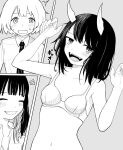  3girls :d =_= ^^^ aoki_ruri armpit_crease bangs blunt_bangs blush bra claw_pose closed_eyes collared_shirt commentary_request dragon_girl dragon_horns fangs grey_background greyscale hands_up hatching_(texture) highres horns jitome kashiro_(ruri_dragon) linear_hatching looking_at_viewer medium_hair miyayuki_azami monochrome multicolored_hair multiple_girls necktie notice_lines open_clothes open_mouth open_shirt outside_border portrait ruri_dragon shirt short_hair simple_background skin_fangs slit_pupils smile sweat swept_bangs tareme translated two-tone_hair underwear upper_body wavy_mouth yuka_(ruri_dragon) 