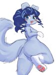  absurd_res anthro big_butt blue_body blue_eyes blue_fur blue_hair blush butt canid canine canis curled_hair digitigrade dog_ears domestic_dog duel_monster fairy_tail-rella female fluffy fluffy_tail fur hair happy healingpit hi_res looking_at_viewer looking_back mammal open_mouth pawpads raised_leg solo wide_hips wide_thighs yu-gi-oh! 