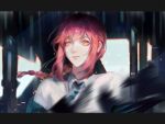  1girl @_@ braid braided_ponytail chainsaw_man collared_shirt highres kozzz_y lips long_hair makima_(chainsaw_man) motion_blur necktie nose red_hair rotated shirt solo upper_body white_shirt yellow_eyes 