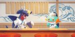  :d artist_request blush blush_stickers claws closed_eyes clothed_pokemon garchomp hat highres indoors marshtomp no_humans official_art open_mouth orange_eyes pokemon pokemon_(creature) pokemon_cafe_remix sharp_teeth smile spikes teeth third-party_source white_hat 