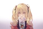  1girl ahoge bangs blonde_hair brown_eyes card collared_shirt curly_hair elicooc gradient gradient_background hair_between_eyes hair_ribbon hand_up highres holding holding_card hyakkaou_academy_uniform jacket kakegurui king_of_clubs long_hair looking_at_viewer playing_card portrait red_jacket ribbon saotome_mary shirt smile solo straight-on twintails white_background white_shirt 