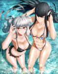  2girls abs absurdres adapted_costume arms_up bangs bikini black_bikini black_hair blue_eyes braid breasts cleavage crossover danganronpa_(series) danganronpa_2:_goodbye_despair feet_out_of_frame floating_hair glasses grey_hair highres junketsu kellzallday kill_la_kill kiryuuin_satsuki large_breasts long_hair multiple_girls pekoyama_peko shadow soaking_feet swimsuit twin_braids twintails water 