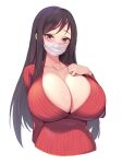  1girl breast_suppress breasts brown_hair cleavage cropped_torso eyebrows_hidden_by_hair hand_on_own_chest highres huge_breasts kuavera long_hair looking_at_viewer mask mouth_mask real_life red_eyes red_sweater ribbed_sweater simple_background solo surgical_mask sweater upper_body white_background white_mask 
