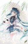  1girl absurdres aqua_eyes aqua_hair bangs bare_legs blush dress earrings flower hair_ornament hatsune_miku highres holding holding_umbrella jewelry leaf long_hair miku_with_you_(vocaloid) oil-paper_umbrella solo twintails umbrella very_long_hair vocaloid white_flower white_umbrella yon_(tellmedoor) 