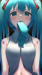  absurdres aqua_eyes aqua_hair arms_at_sides bare_shoulders black_background breasts center_opening hair_between_eyes hatsune_miku highres lace_trim light_blush linea_alba long_hair looking_at_viewer medium_breasts midriff_peek mouth_hold navel necktie necktie_in_mouth partially_unzipped shirt simple_background sleeveless sleeveless_shirt solo tattoo tatyaoekaki twintails upper_body very_long_hair vocaloid zipper zipper_pull_tab 