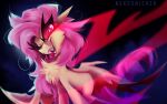 alternate_species bat chest_tuft equid equine fangs female feral flutterbat_(mlp) fluttershy_(mlp) forked_tongue friendship_is_magic glowing glowing_eyes hair hasbro hi_res hybrid mammal my_little_pony nekosnicker one_eye_closed painting_(artwork) pink_hair quadruped red_eyes sharp_teeth solo teeth tongue tongue_out tuft wings wink