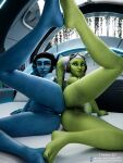 2025 3d_(artwork) aayla_secura alien bed blue_body blue_skin brown_eyes butt digital_media_(artwork) duo eyebrows eyelashes eyewear eyewear_on_head feet female furniture goggles goggles_on_head green_body green_eyes green_skin hera_syndulla hi_res humanoid lekku_(anatomy) not_furry nude on_bed pillow pose star_wars thearti3d twi&#039;lek