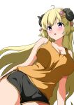  1girl absurdres ahoge alternate_costume animal_ears black_shorts blonde_hair blue_eyes blush breasts cleavage hair_ornament hairpin highres hololive horns kishishi_(kishiman-ya) large_breasts long_hair looking_at_viewer open_mouth sheep_ears sheep_girl sheep_horns shirt shorts solo tsunomaki_watame very_long_hair virtual_youtuber white_background yellow_shirt 