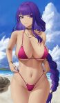  1girl bangs bare_shoulders beach bikini blue_sky bracelet braid braided_ponytail breasts choker cleavage collarbone genshin_impact highleg highleg_bikini highres jewelry large_breasts long_hair looking_at_viewer mole mole_under_eye navel necklace o-ring o-ring_bikini purple_bikini purple_eyes purple_hair raiden_shogun revision ring shore sky smile solo swimsuit thighs twitter_username very_long_hair zaphn 