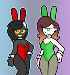  bunny_costume choker clothing costume cyclops demon duo ear_piercing female front_view gradient_background gradient_hair green_eyes hair humanoid jewelry looking_at_viewer necklace outline piercing simple_background skel smile thick_thighs unamused unknown_character wristband yellow_eyes 