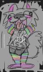  &lt;vampirefuuucker&gt; anthro bulge_frottage canid canine canis clothed clothing collar fur humanoid hybrid intersex intersex/male legwear male male/male mammal multicolored_clothing multicolored_legwear phone_drawing rainbow_clothing rainbow_legwear rainbow_pride_colors screencap scribbles smile tongue tongue_out white_body white_fur wolfdog 