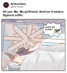  3girls 500_dollar_four_foot_tall_mareep_(meme) absurdres angry ankie_(ankys_) arlecchino_(genshin_impact) bed blanket coffin columbina_(genshin_impact) english_text eyepatch genshin_impact highres hug meme multiple_girls music object_hug parody signora_(genshin_impact) singing sleeping twitter_username yuri 