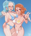  2girls aqua_hair bikini black_eyes blue_background blue_bikini blush breasts brown_eyes brown_hair character_request cleavage cowboy_shot dezz earrings folded_ponytail highres jewelry large_breasts looking_at_viewer multiple_girls navel o-ring o-ring_bikini one_eye_closed one_piece open_mouth ponytail shadow smile swimsuit tongue tongue_out v white_bikini 