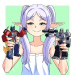  1girl action_figure closed_mouth earrings elf frieren green_eyes grey_hair highres holding holding_toy jewelry light_blush long_hair megatron optimus_prime pointy_ears shirt smile solo sousou_no_frieren tanny_v toy transformers twintails white_shirt 