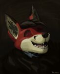 anthro black_hair blind canid canine dark_background dark_clothing digital_media_(artwork) digital_painting_(artwork) disability fox fur hair happy headshot_portrait male mammal michanicks michanicks_(fursona) portrait red_body red_fur smile solo white_body white_fur
