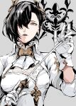  1girl akeha_(nier_reincarnation) bdsm black_hair breasts collared_dress dress gloves grey_background highres holding holding_whip military nier_(series) nier_reincarnation see-through_clothes to_te_na upper_body whip white_gloves yellow_eyes 