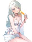  breasts flower food grey_hair hair_flower hair_ornament highres kantai_collection long_hair looking_at_viewer o-ring official_alternate_costume one-piece_swimsuit popsicle purple_eyes ranran_3939 sagiri_(kancolle) simple_background small_breasts swimsuit 