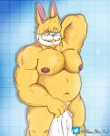  adamthefool anthro bath bathroom bodily_fluids chubby_male facial_hair father hi_res male moobs musclegut muscular muscular_male mustache navel nipples parent pecs pose smile solo sweat towel towel_only 
