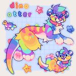 2025 ambiguous_gender back_spikes collar colorful_theme dino_otter dinosaur english_text feral fur geometric_background hair heart_(marking) hi_res hybrid mammal markings multicolored_body multicolored_fur multicolored_hair mustelid open_mouth otter pink_collar pink_eyes pink_nose prehistoric_species quadruped rainbow_body rainbow_fur reptile scalie shell simple_background smile solo spikes spikes_(anatomy) star_(marking) star_symbol tail text tongue tuft zorbia