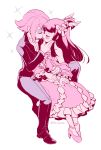  2girls alternate_costume androgynous bare_shoulders blush collarbone dress hand_on_another&#039;s_cheek hand_on_another&#039;s_chin hand_on_another&#039;s_face high_heels kagari_atsuko kiss little_witch_academia multiple_girls pants simple_background sparkle sucy_manbavaran tama_(tm_suac) tuxedo tuxedo_jacket white_background yuri 