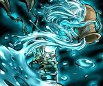  1girl aqua_eyes armpit_crease arms_up bare_shoulders breasts brown_shorts cleavage commentary_request cropped_legs crotch green_background holding holding_jar jar katou_reda looking_at_viewer medium_breasts monster_girl navel one_eye_covered original shorts slime_(substance) slime_girl slime_hair solo topless urn 