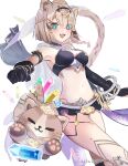  :d animal_ear_fluff animal_ears arin_(1010_ssu) bangs bare_shoulders bikini black_bikini black_gloves black_sleeves blue_eyes breasts brown_hair can_(honkai_impact) cape commentary_request crystal detached_sleeves fang feet_out_of_frame gloves green_eyes hair_over_one_eye heterochromia highres honkai_(series) honkai_impact_3rd looking_at_viewer medium_breasts navel pardofelis_(honkai_impact) single_detached_sleeve smile swimsuit tail twitter_username v-shaped_eyebrows white_background white_cape 