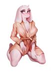  2022 anthro blush boss_monster bovid breasts caprine cleavage clothed clothing female fur goat hi_res horn johnfoxart kneeling looking_aside mammal mature_anthro mature_female purple_eyes robe simple_background solo thick_thighs toriel undertale undertale_(series) video_games white_background white_body white_fur 