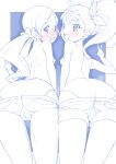  2girls ass back bangs bent_over blue_theme blush breasts commentary denim denim_shorts from_behind glasses hair_ribbon hanasaki_tsubomi heartcatch_precure! highres leaning_forward long_hair looking_at_viewer looking_back low_twintails lowleg lowleg_shorts micro_shorts miyagoe_yoshitsuki monochrome multiple_girls natsuumi_manatsu nipples open_mouth outside_border panties precure ribbon rimless_eyewear round_eyewear series_connection shorts side-by-side side_ponytail small_breasts smile standing topless tropical-rouge!_precure twintails underwear v 