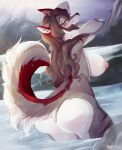  anthro big_breasts big_butt breasts bunnywhiskerz butt canid canine canis female fur mammal multicolored_body multicolored_fur nipples solo water wet wet_body wet_fur wolf 