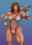  1girl abs absurdres armor bikini bikini_armor bracer breasts brown_eyes cleavage golden_axe highres holding holding_weapon large_breasts long_hair looking_at_viewer muscular muscular_female solo swimsuit sword testground thick_thighs thighs tyris_flare weapon weapon_on_back 